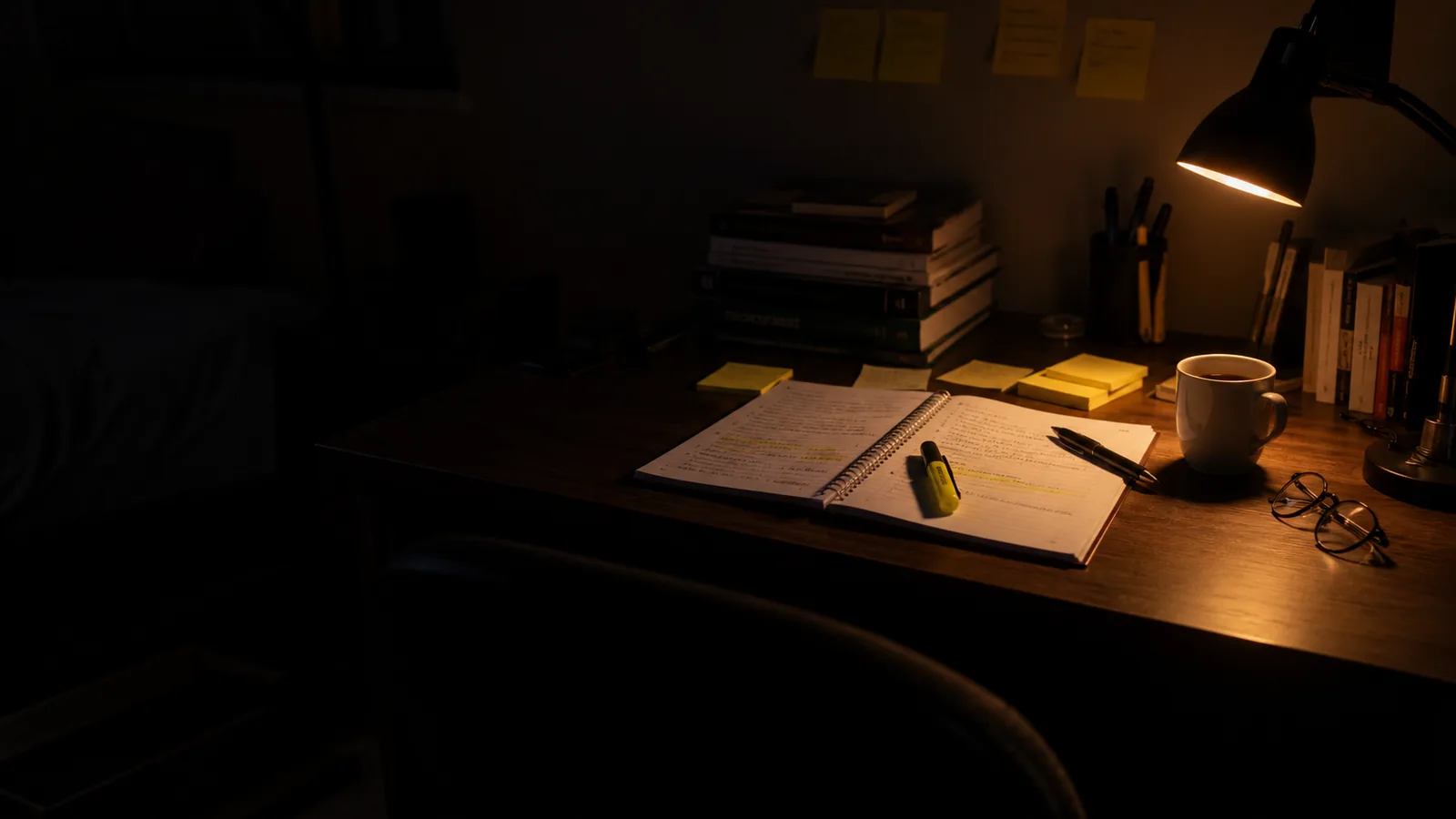Mesa de estudo de madrugada, com o caderno de cronograma aberto e o marca-texto amarelo