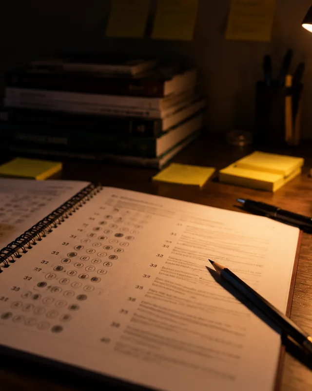 Caderno de questões de múltipla escolha com o gabarito preenchido a lápis e um cronômetro ao lado